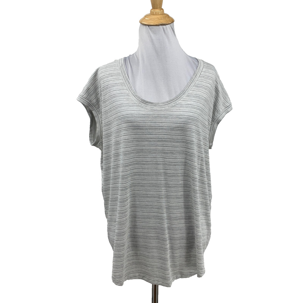 Athleta T Shirt Women Medium Gray Cloudlight Stratus Cap Sleeves Stripe Drop Cut